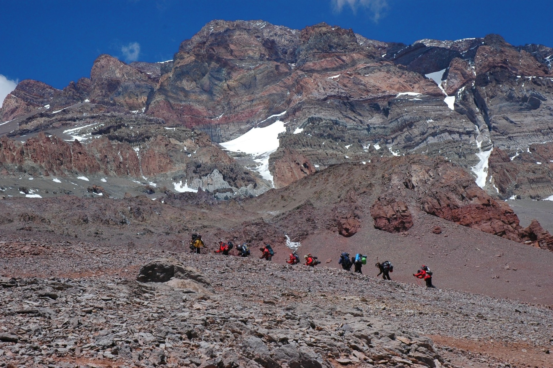 Hikers en su camino hacia Aconcagua a las montañas